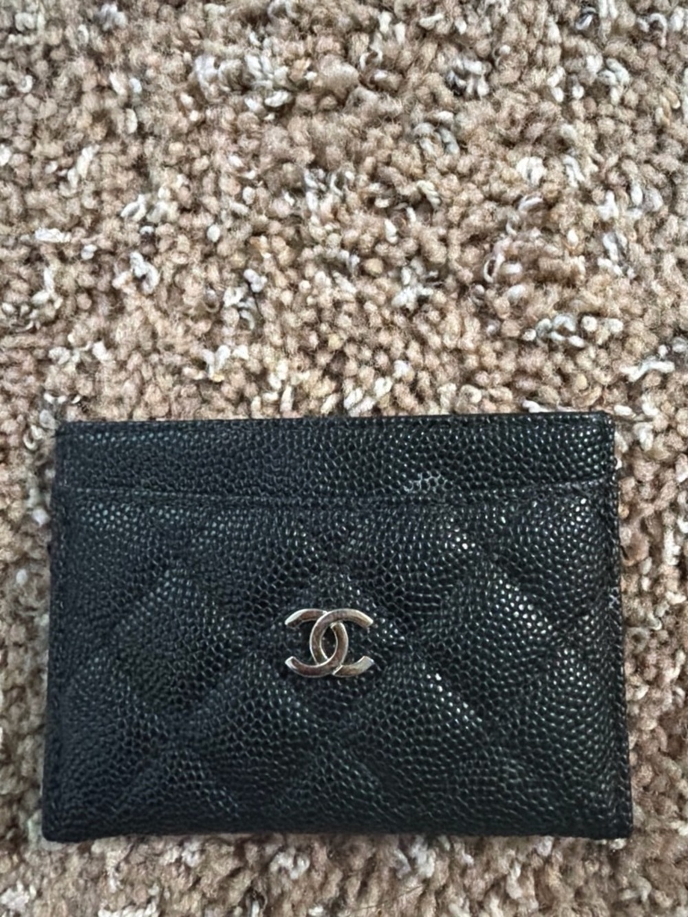 CHANEL Black Quilted Caviar Card Sleeve with Silver CC